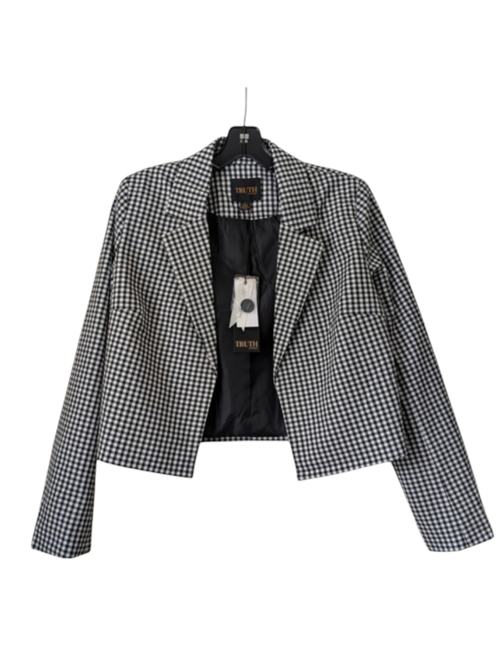 Truth Gingham Print Cropped Blazer Jacket Black White 4 Small NWT Retro Mod